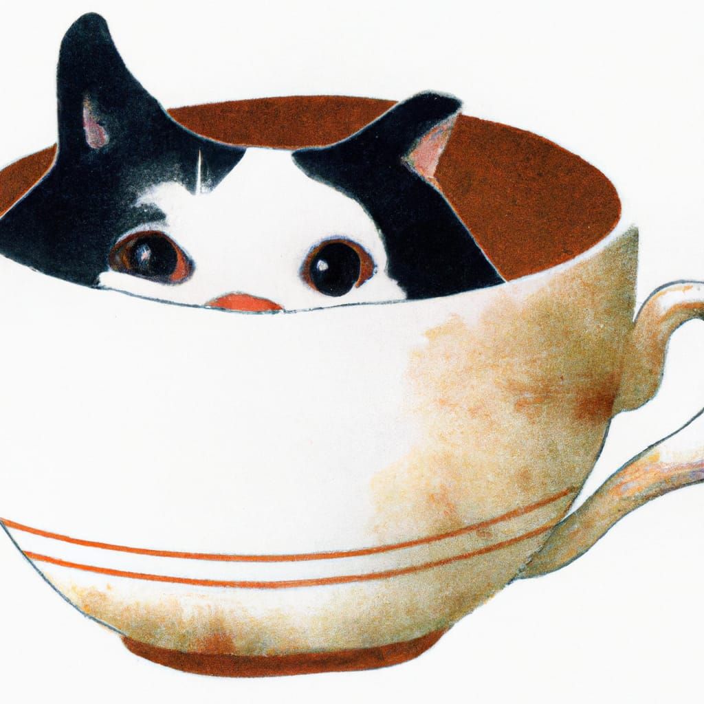 Cat in Teacup: Japanese Brush Painting
