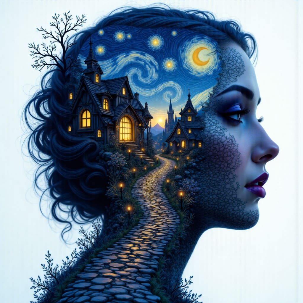 Surreal Mindscape: Starry Night Double Exposure