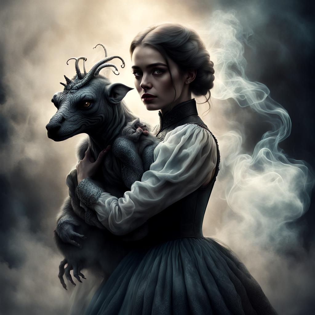 Victorian Girl Hugs a Creature of Smoke
