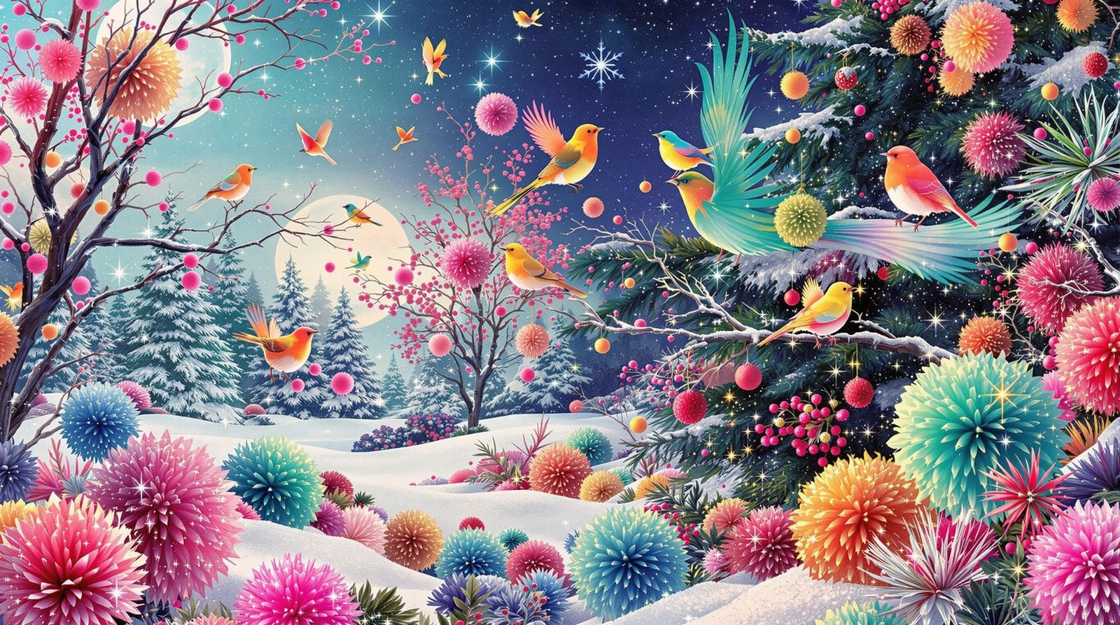 Neon Birds and Christmas Tree in Art Nouveau Collage