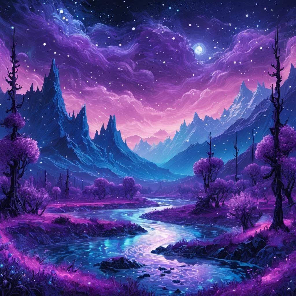 Purple Fantasy Landscape with Midnight Stars