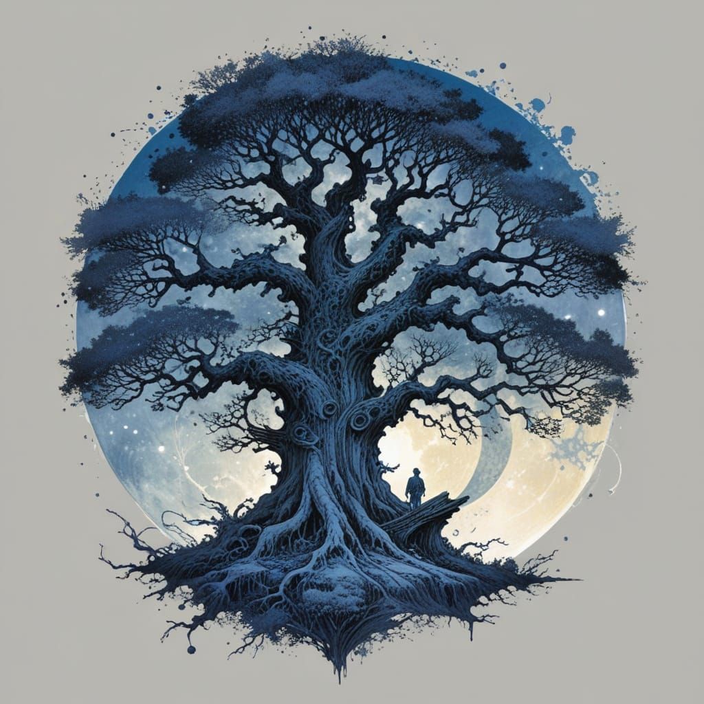 Ethereal Art Nouveau Tree Under a Full Moon