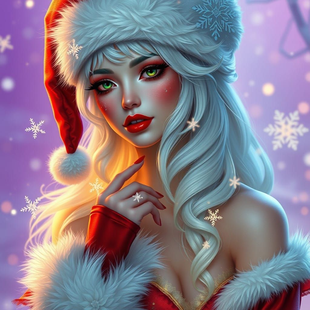 Regal Winter Goddess in Dark Fantasy Christmas Scene
