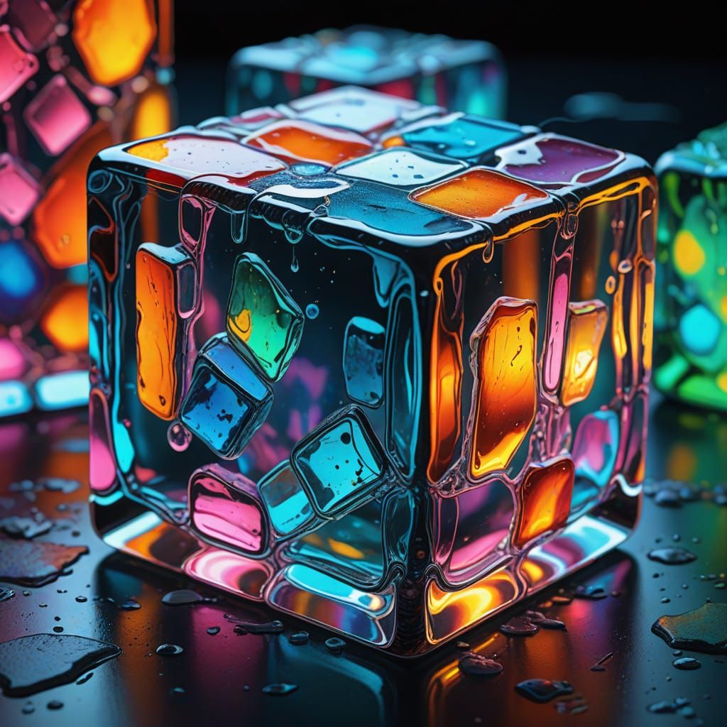 A stained glass ice cube set against a bioluminescent fluorescent background.