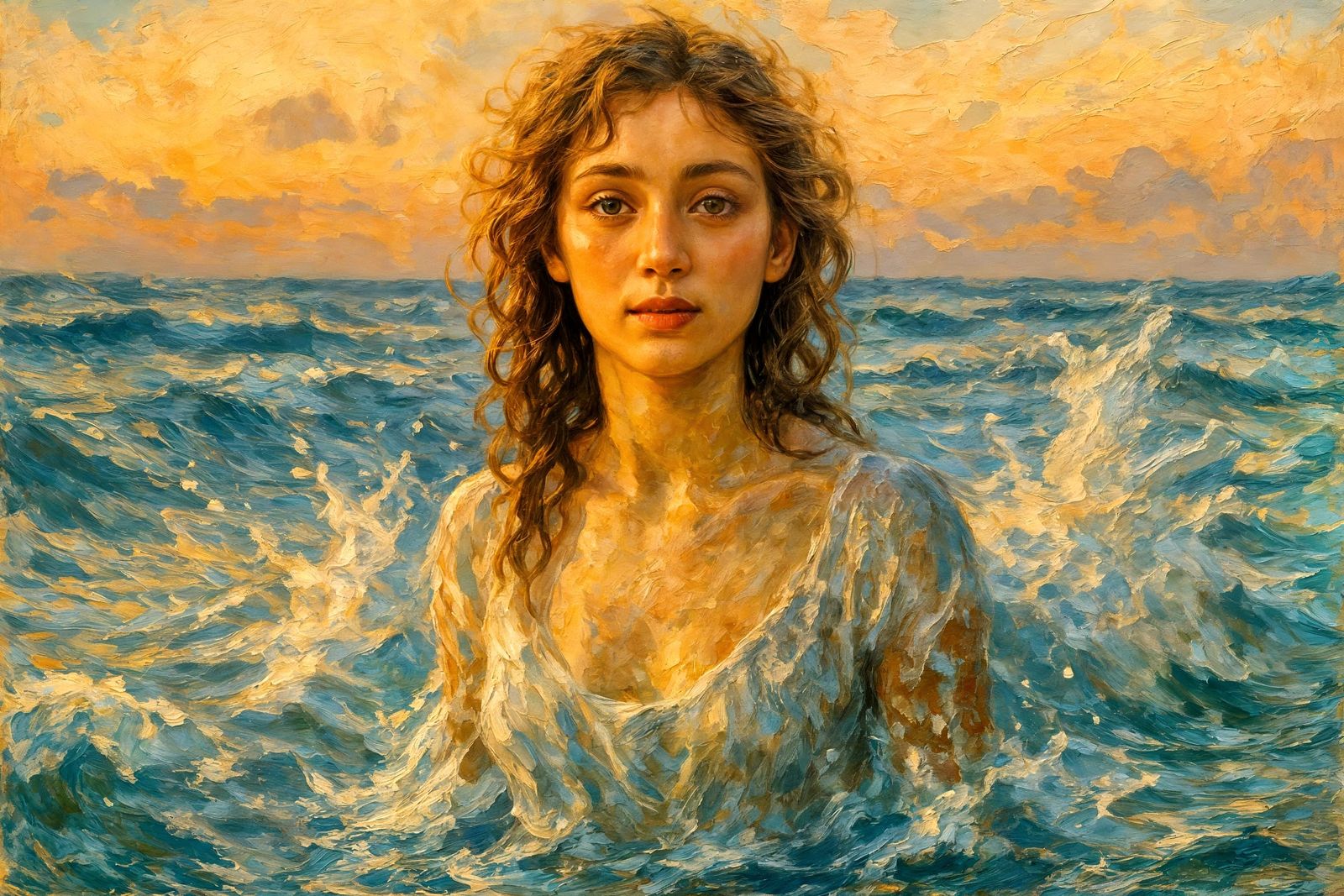 Siren Emerges from Dawn Ocean: Oil Painting Style