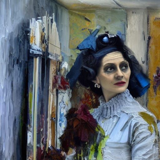 AI Woman Painter in Gritty Studio, Impasto Oil Painting