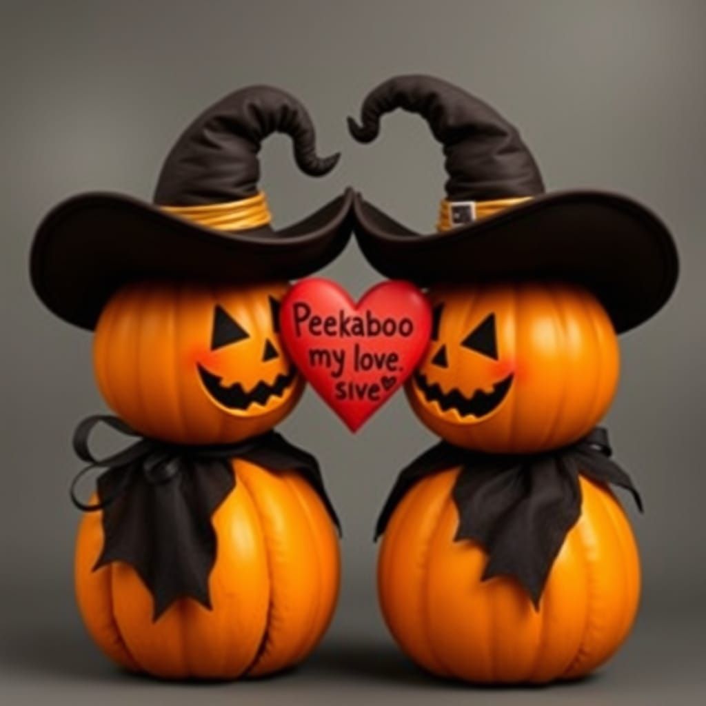 Pumpkins in Witch Hats Share a Heart Message