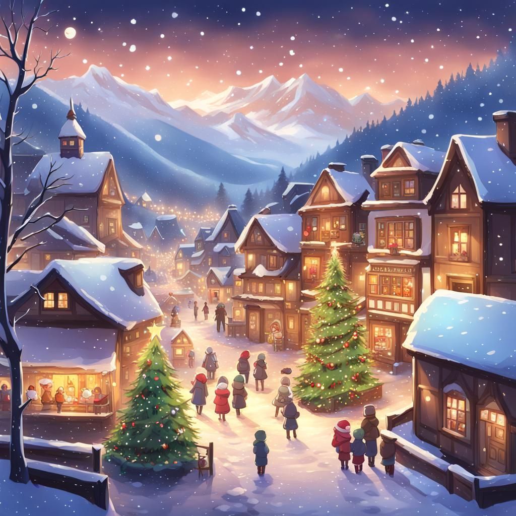 Cozy Christmas Village Square in Anime Style
