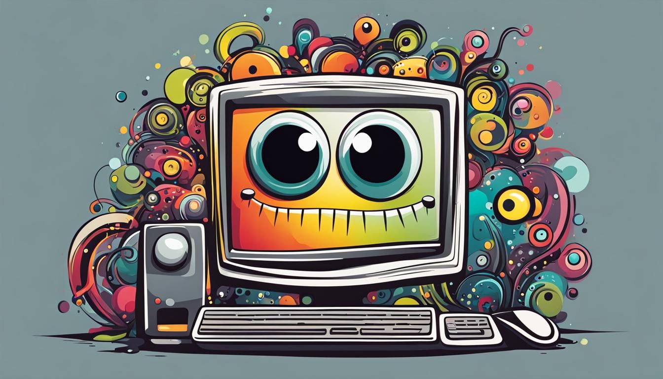 Monster Plugs Into Computer: Stick Art Cartoon