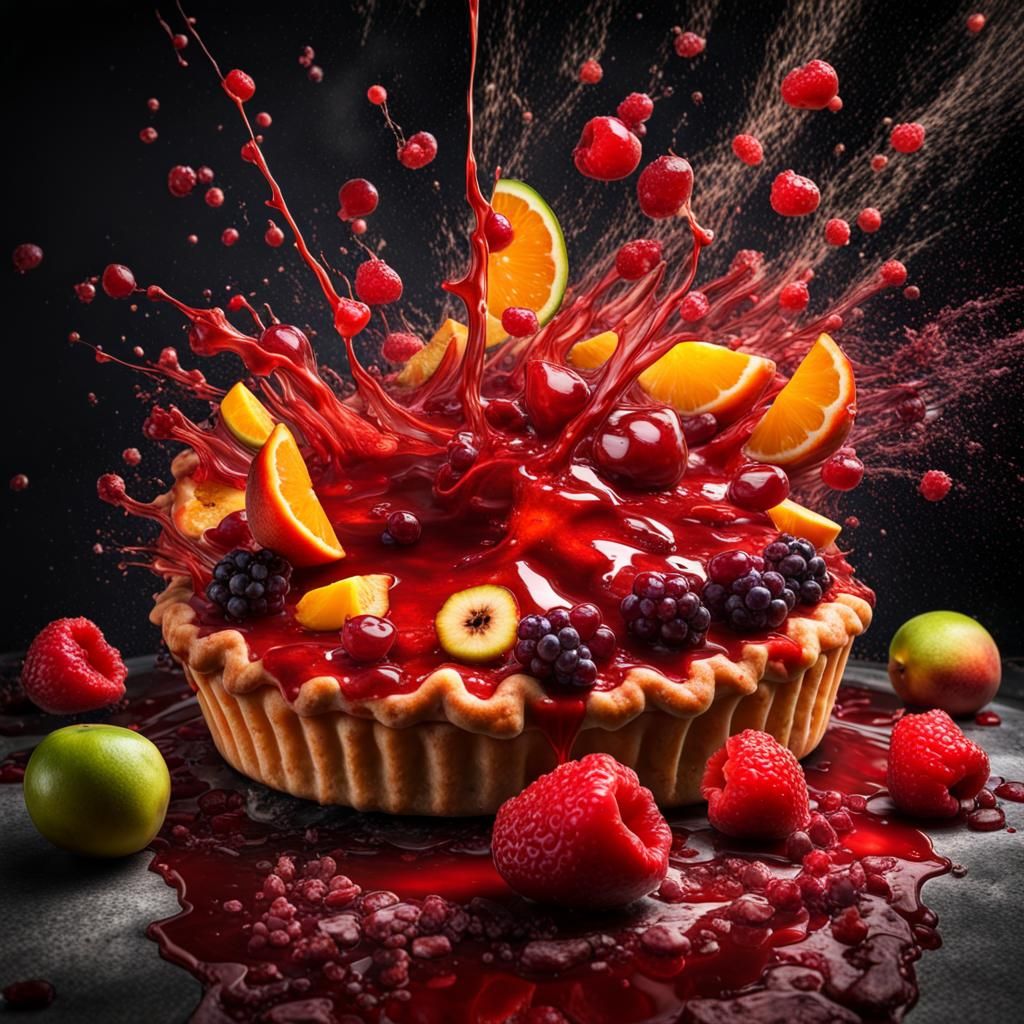 Hyperrealistic Fruit Explosion Pie with Jelly Splatter