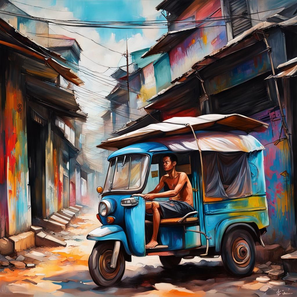 Cambodian Man in Tuk-Tuk: Graffiti Street Art