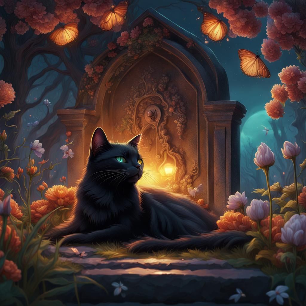 Black Cat Sleeps on Magical Grave