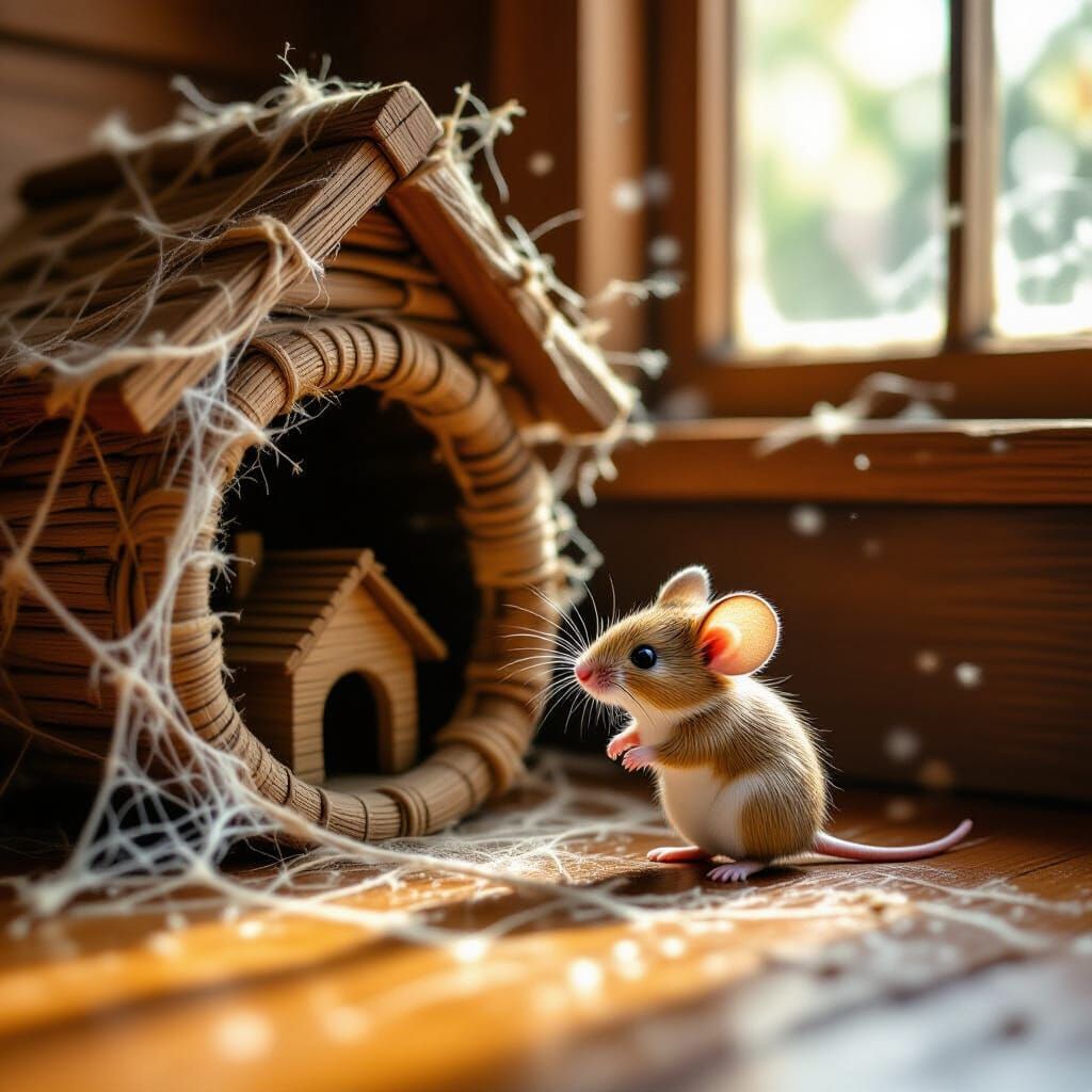 Adorable Spiderweb Mouse on Dusty Jarrah Floorboards