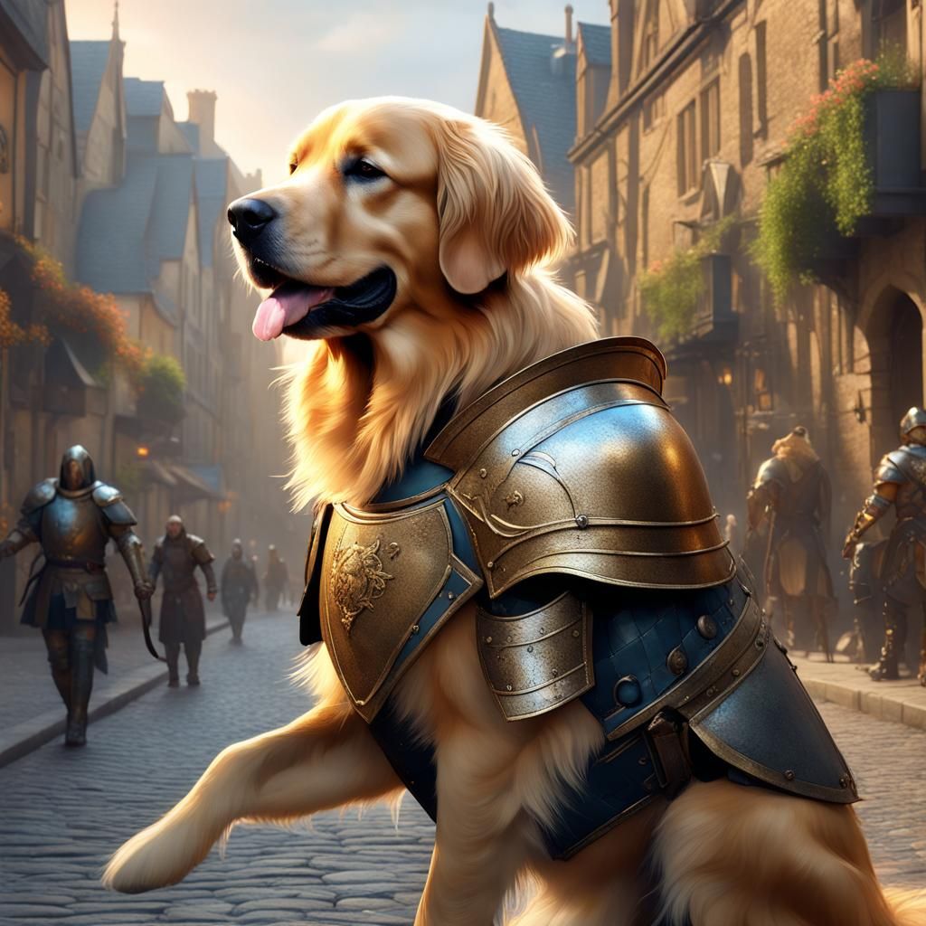 Armored Golden Retriever Patrols City Street