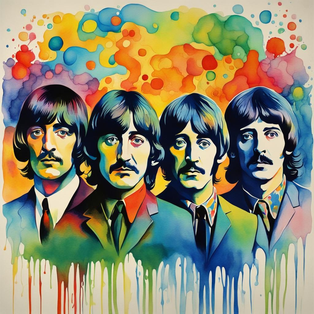 Psychedelic Beatles Watercolor Graphic in 1960s Style