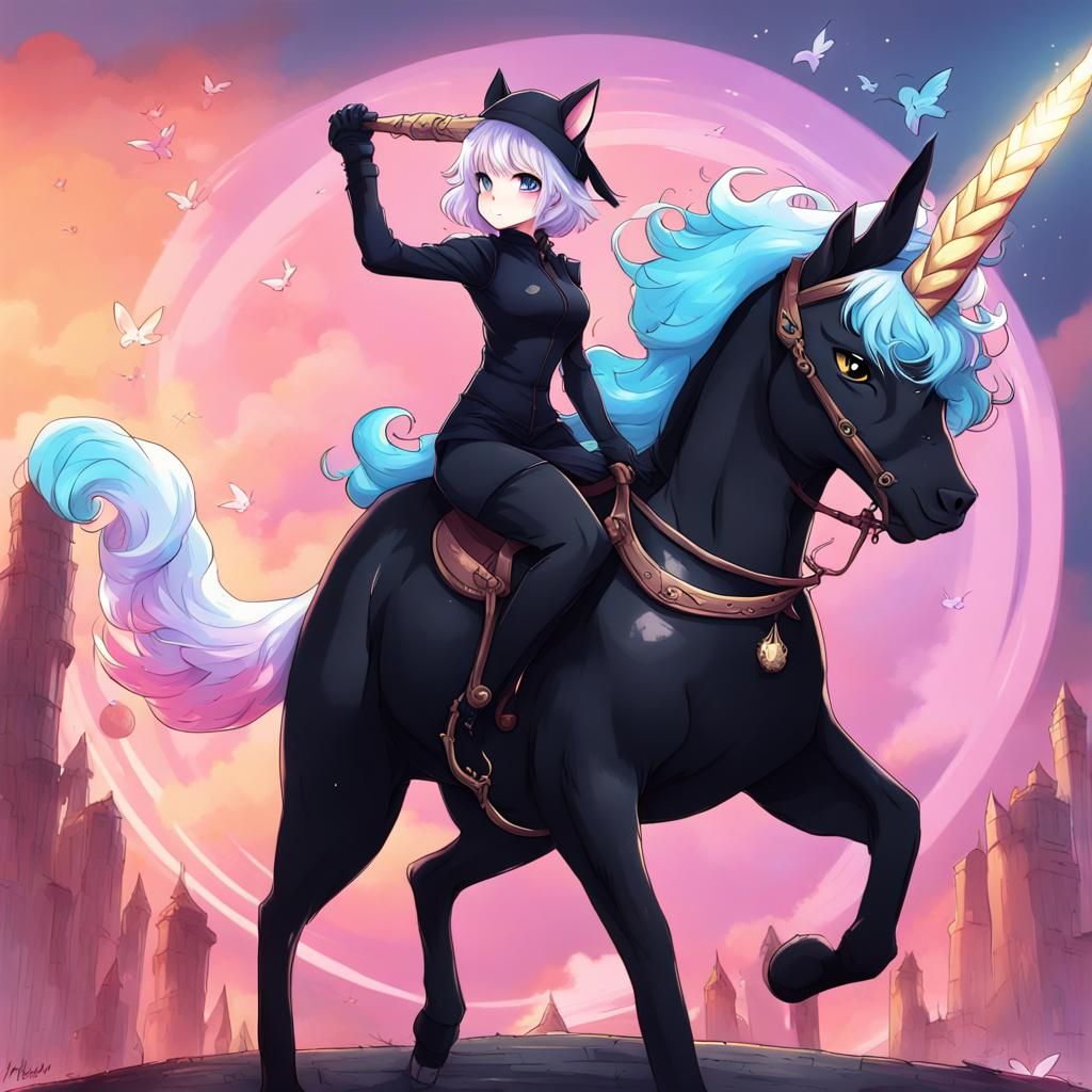 Black Cat Rides Unicorn in Anime Style