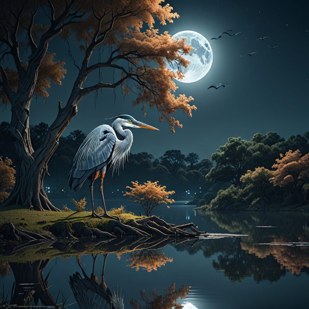 Cyberpunk Heron Under Full Moon