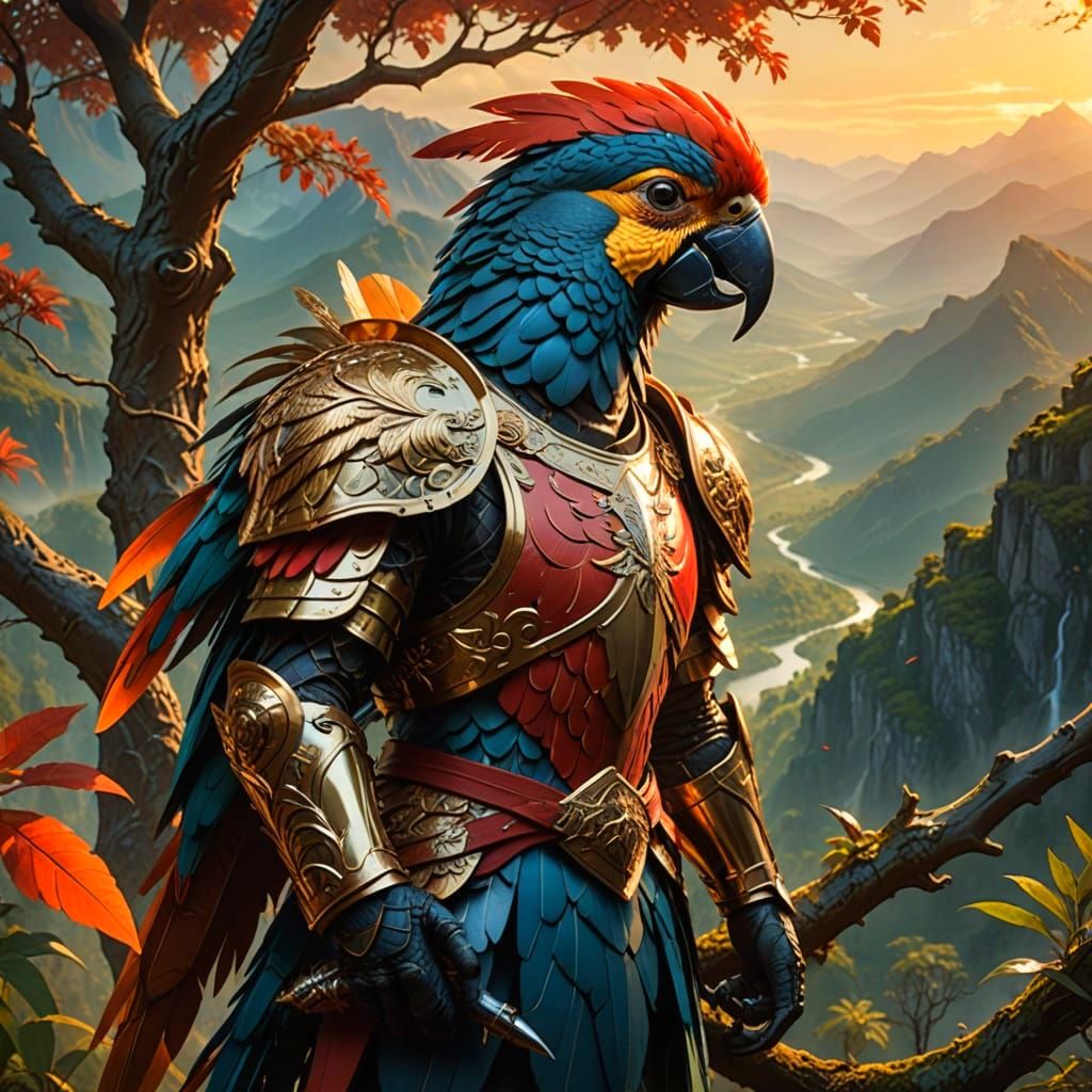 A macaw as a humanoid parrot, in armor