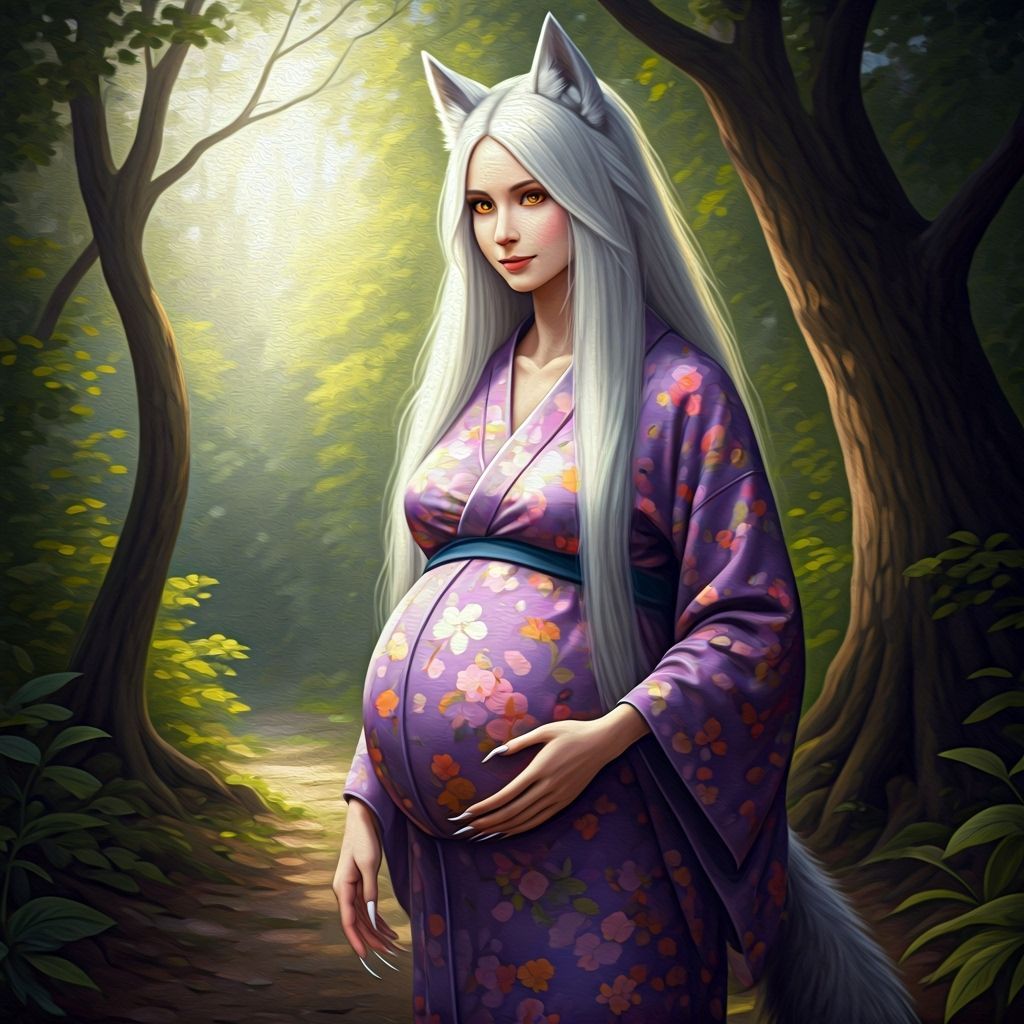 Pregnant Woman with Wolf Ears in Forest, Oil Painting