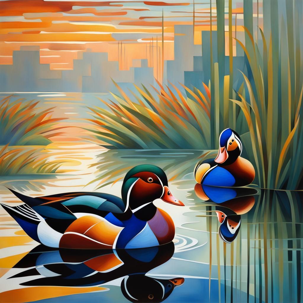 Mandarin Ducks in Cubist Style at Sunrise
