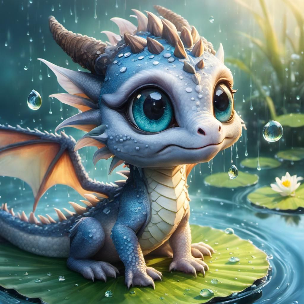 Anime Dragon on Lilypad with Hyper Detailed Eyes