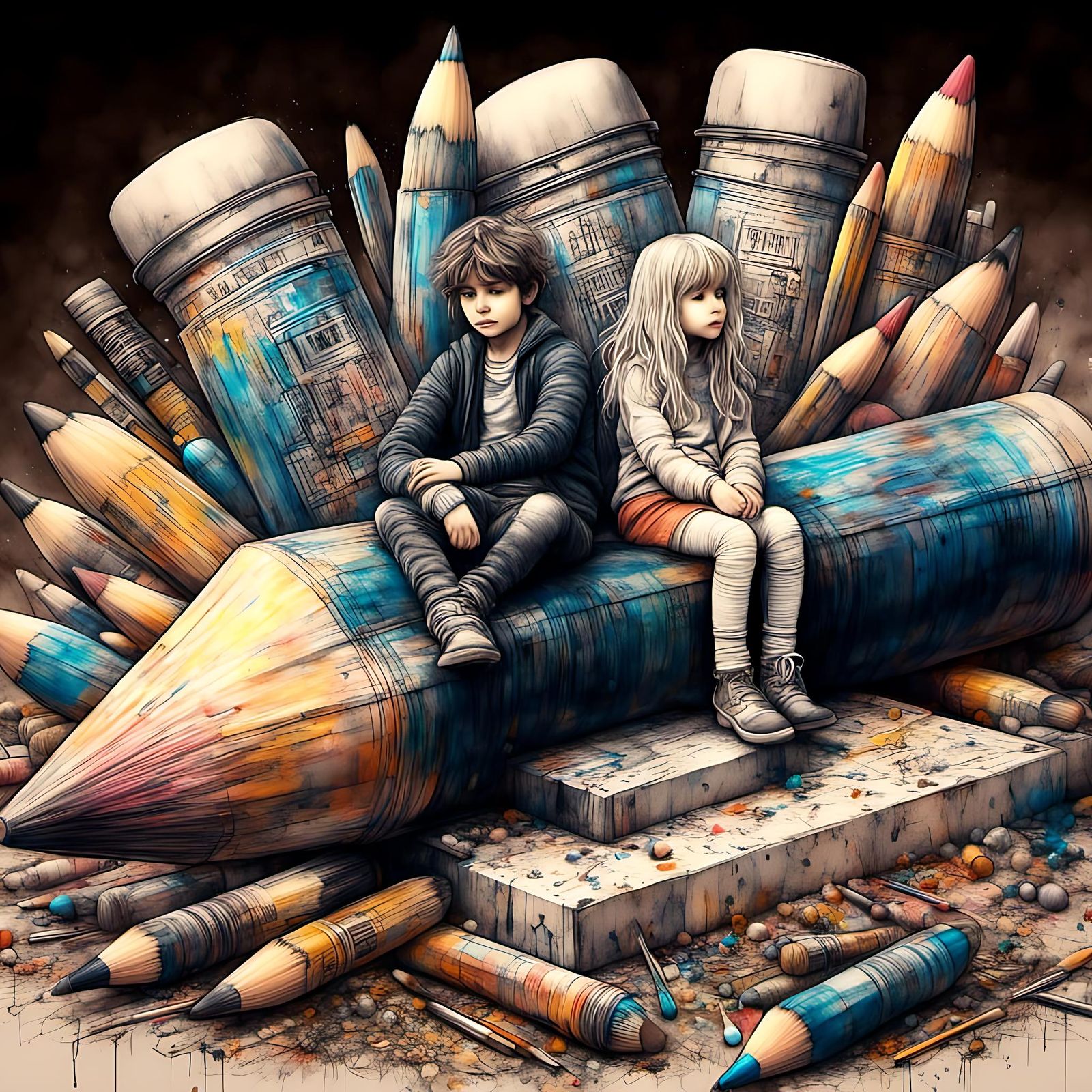 Detailed Ink Drawing of Children on Pencil