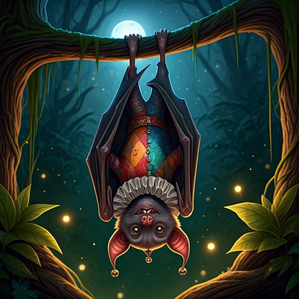 Whimsical Bat Jester in Moonlit Forest