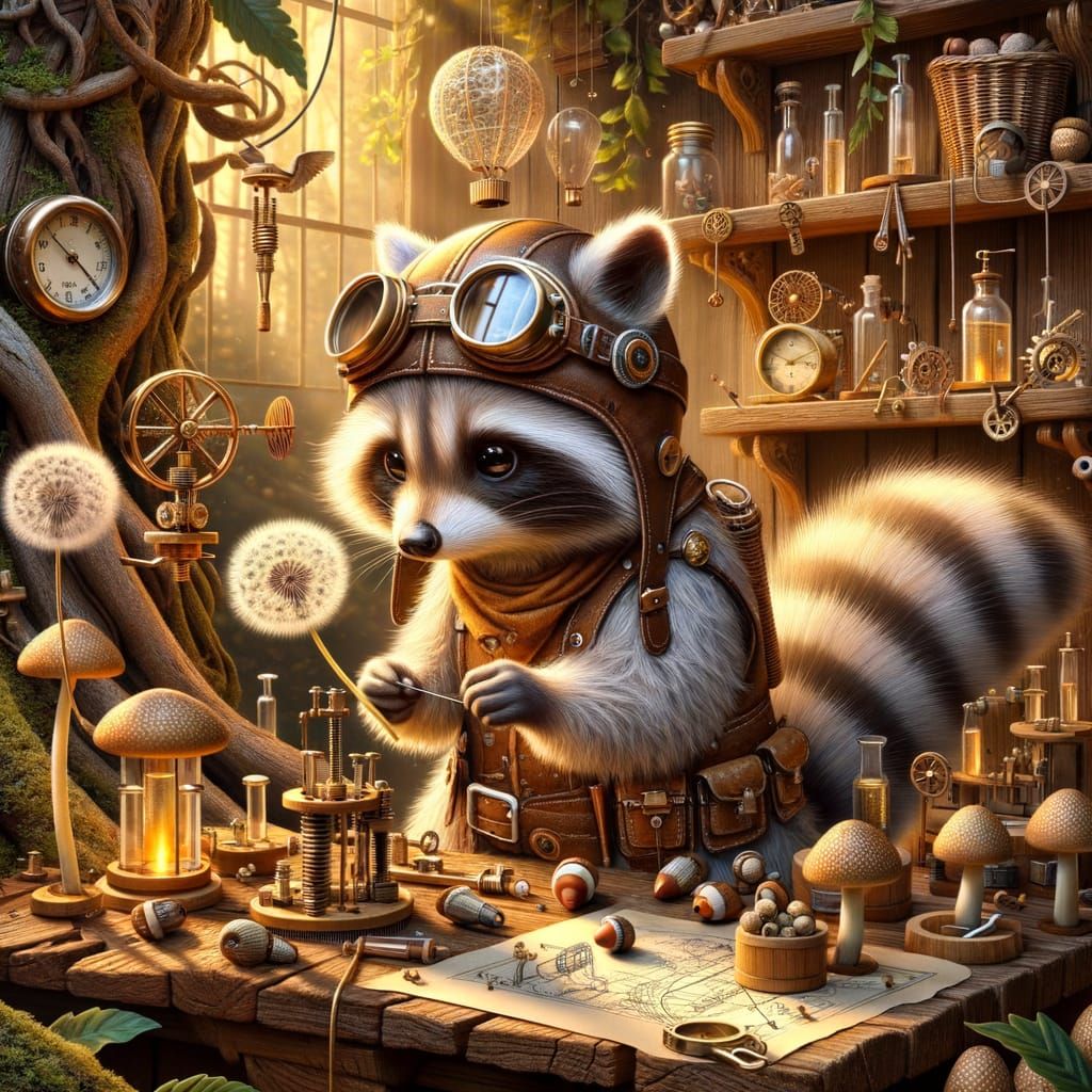Steampunk Raccoon's Whimsical Workshop Illustration