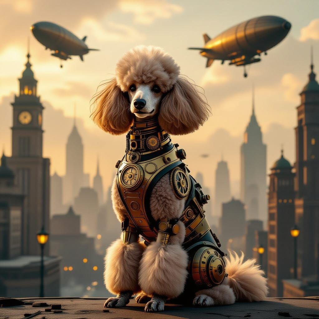 Clockwork Poodle in Industrial Cityscape