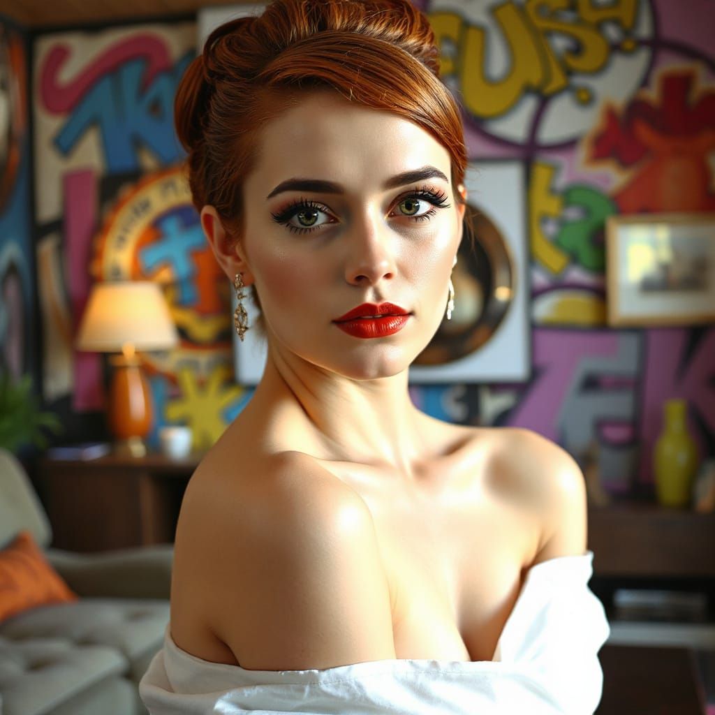 Elegant Woman in 1950s Graffiti Art Living Room