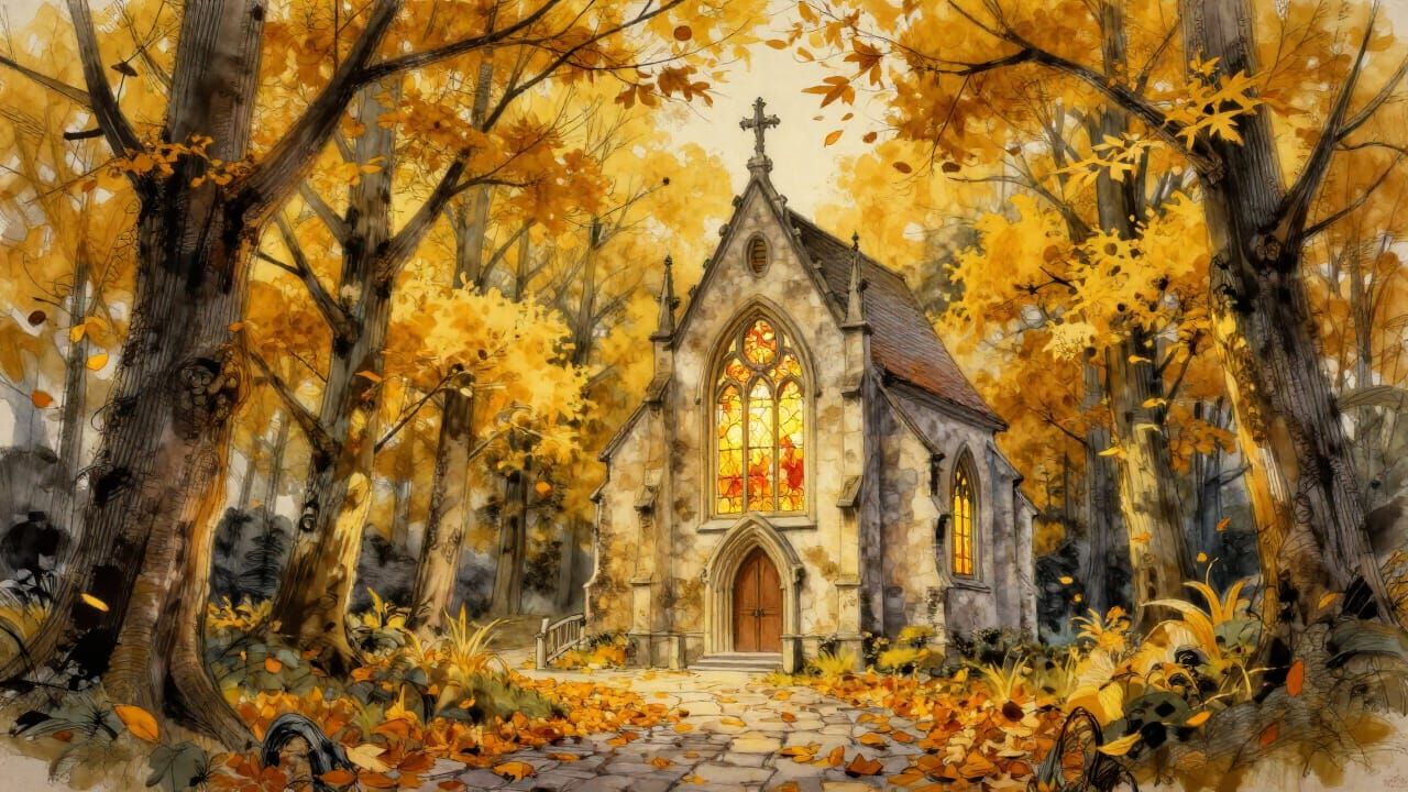 Gothic Autumn Chapel in Golden Grove Watercolor Painting