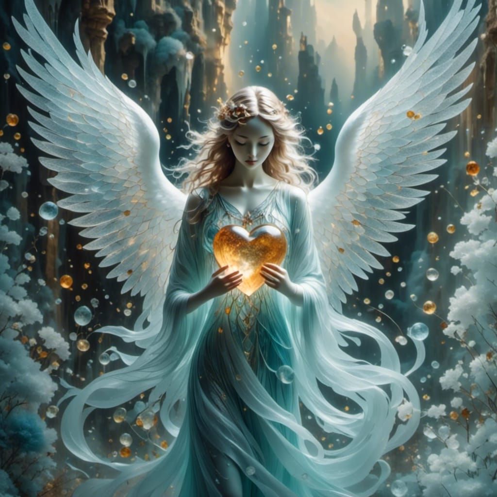 a beautiful glass angel with a heart