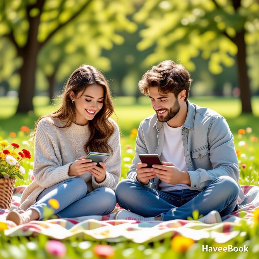 Couple Reading on Picnic Blanket in Sunlit Park
