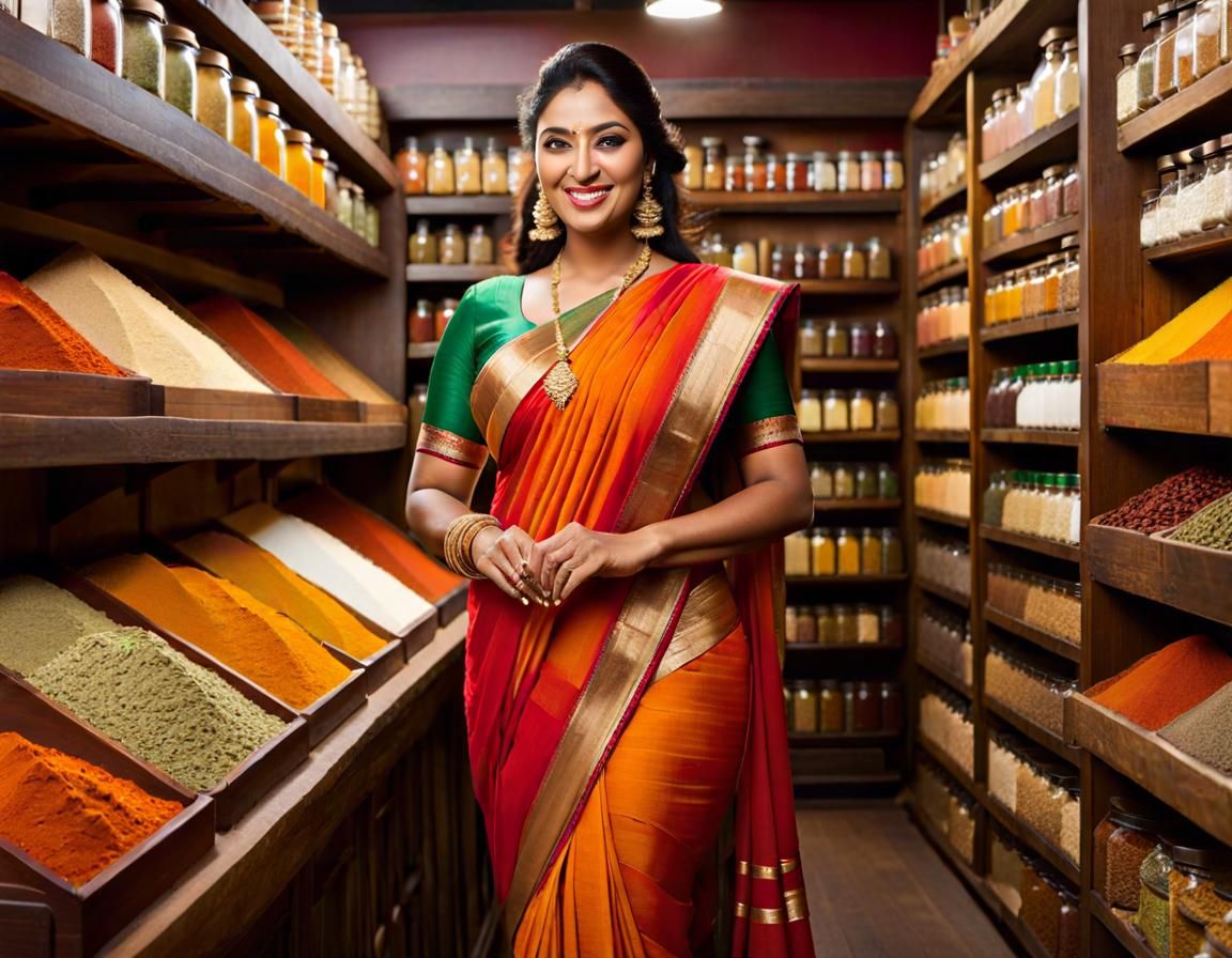 Elegant Indian Woman in Traditional Spice Shop