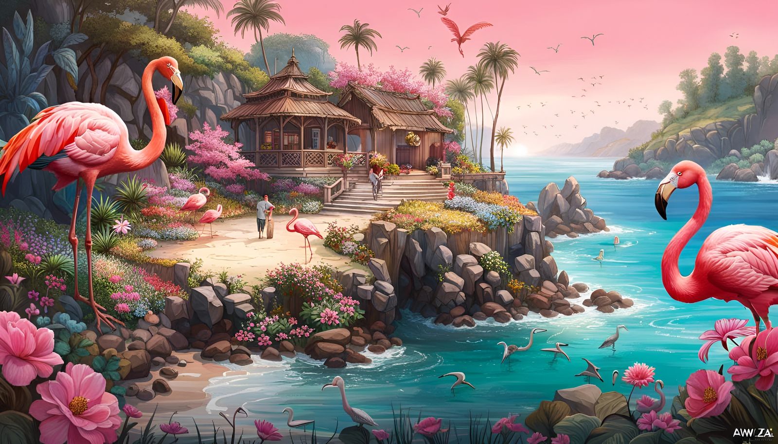 Secret Cove with Flamingos in Illustrative Style