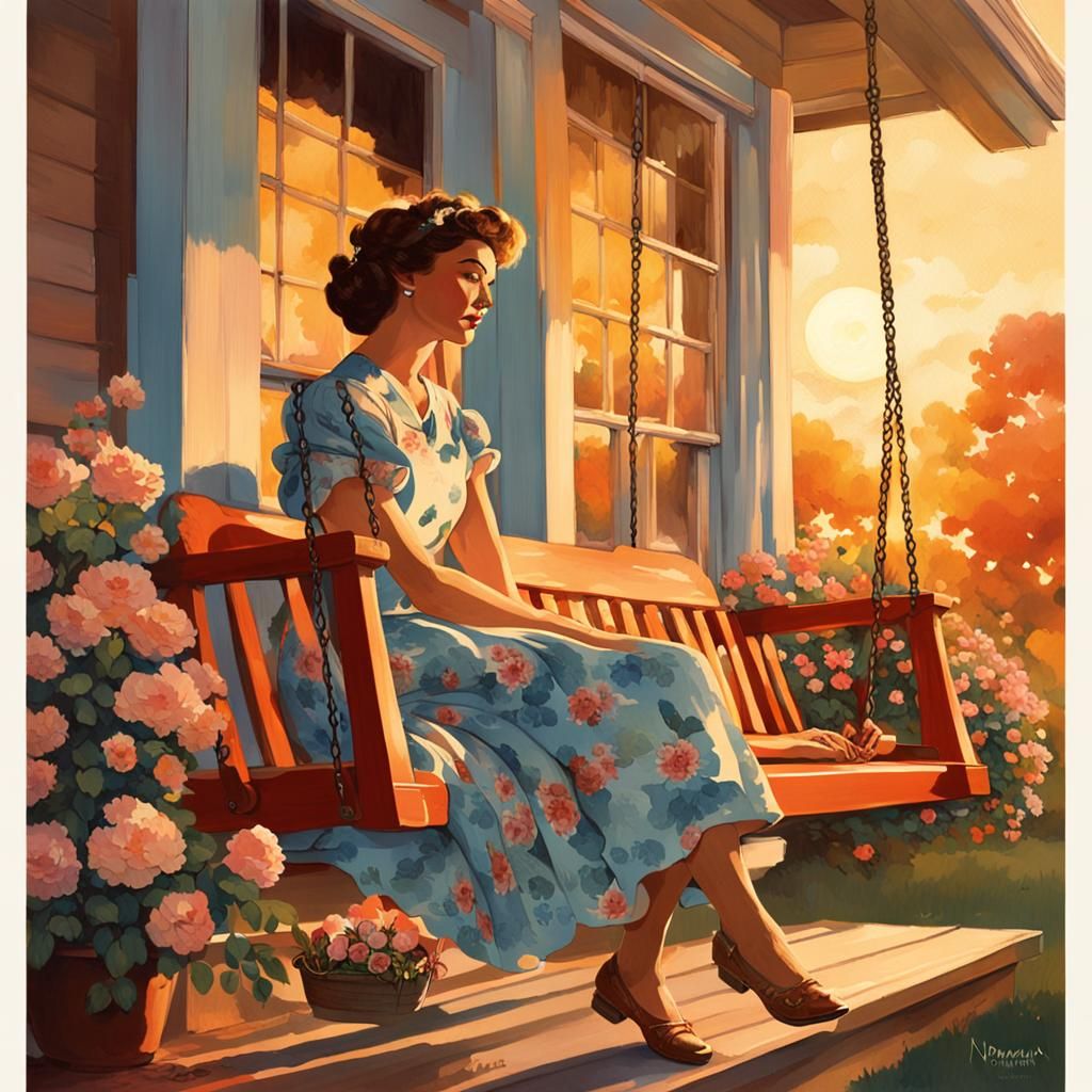 Nostalgic Sunset on a Porch Swing, Rockwell Style
