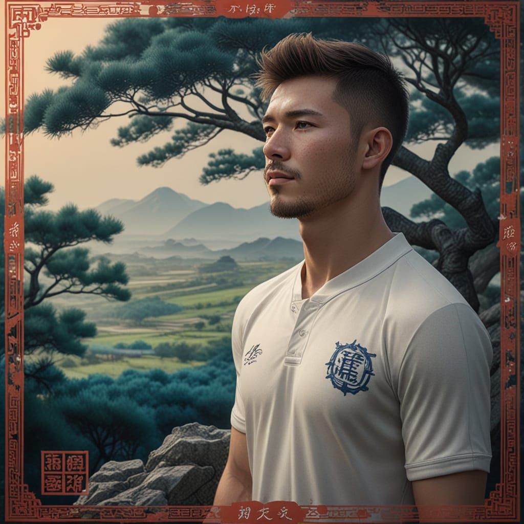 Handsome Warrior Stands in Coral Tree Grove with Nostalgic G...