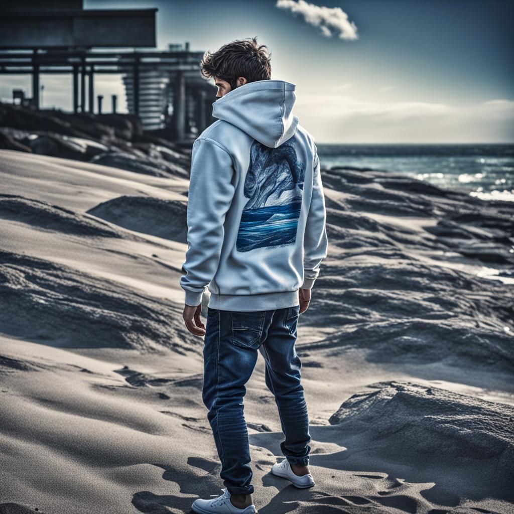 Stylish Boy in White Hoodie at the Beach
