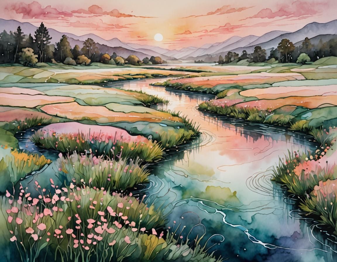 Soft Morning Landscape with Gentle River and Pastel Fields
