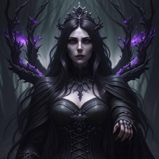a woman in a dark dress standing in a forest with a crown on her head, dark goddess with six arms, dark fantasy style ar...
