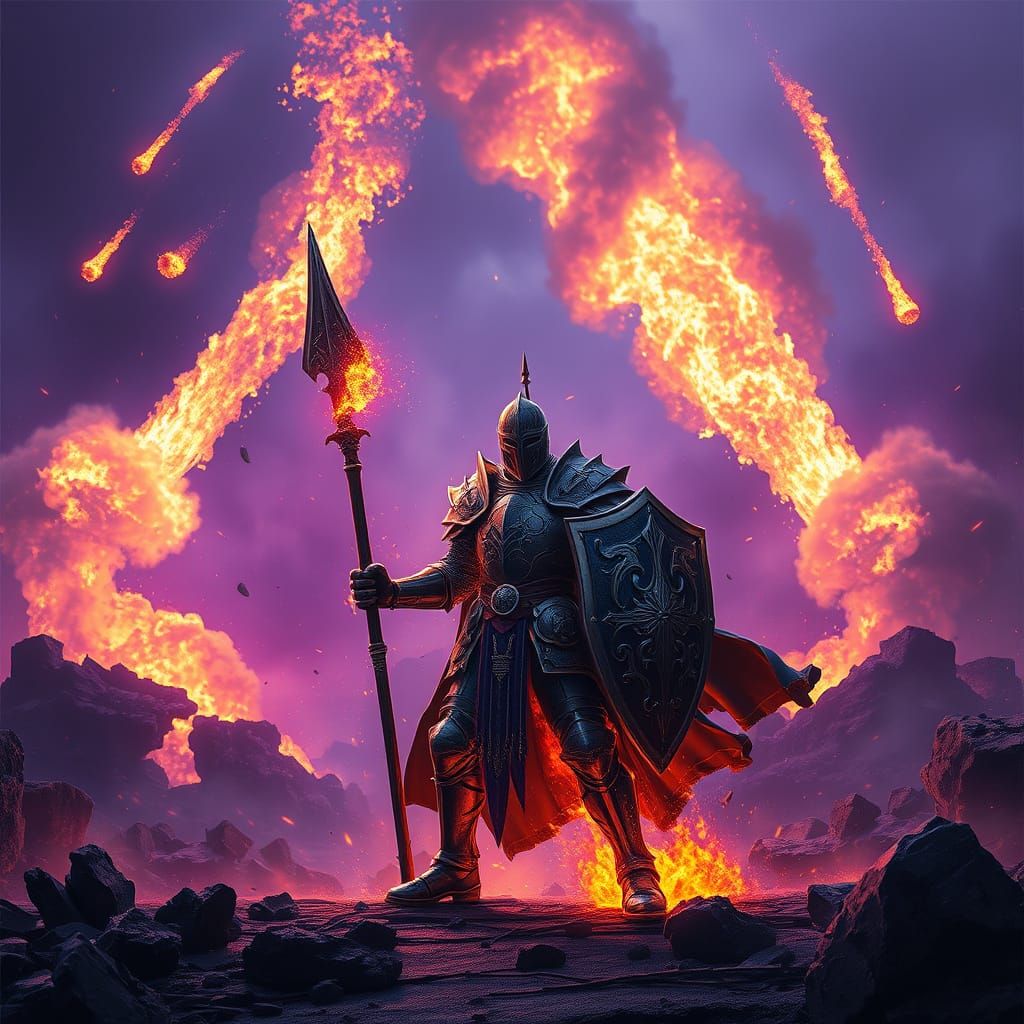 Fiery Knight Amidst Blasted Battlefield in 8K