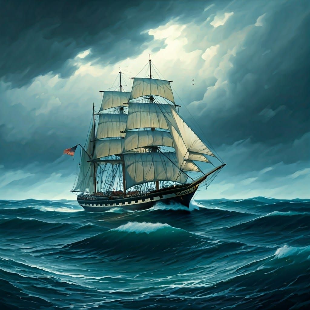 Sailing Ship Battles Turbulent Stormy Sea in Dramatic Turner...
