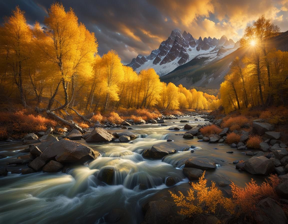 Mountain River with Autumn Foliage in Magic Light