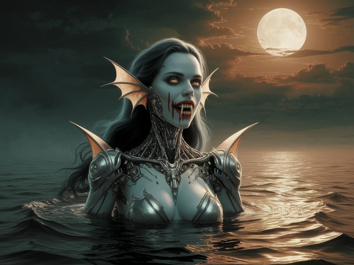 Cyborg Vampire Mermaid in Gothic Cyberpunk Style