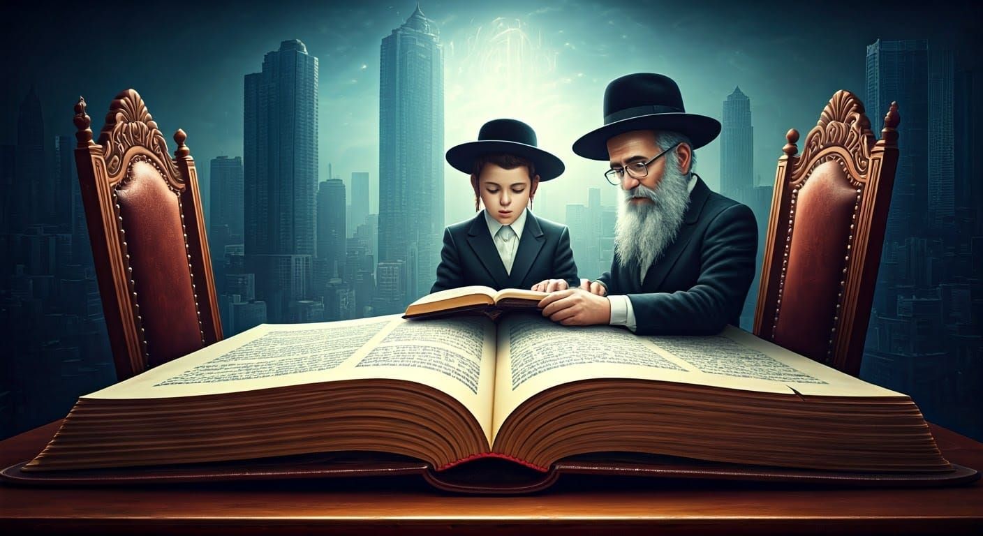 Hasidic Father and Son Study Torah Amidst Urban Landscape