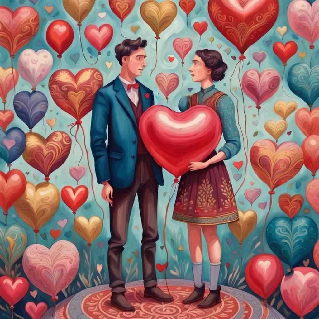 Couple with Heart Balloon in Gouache Style
