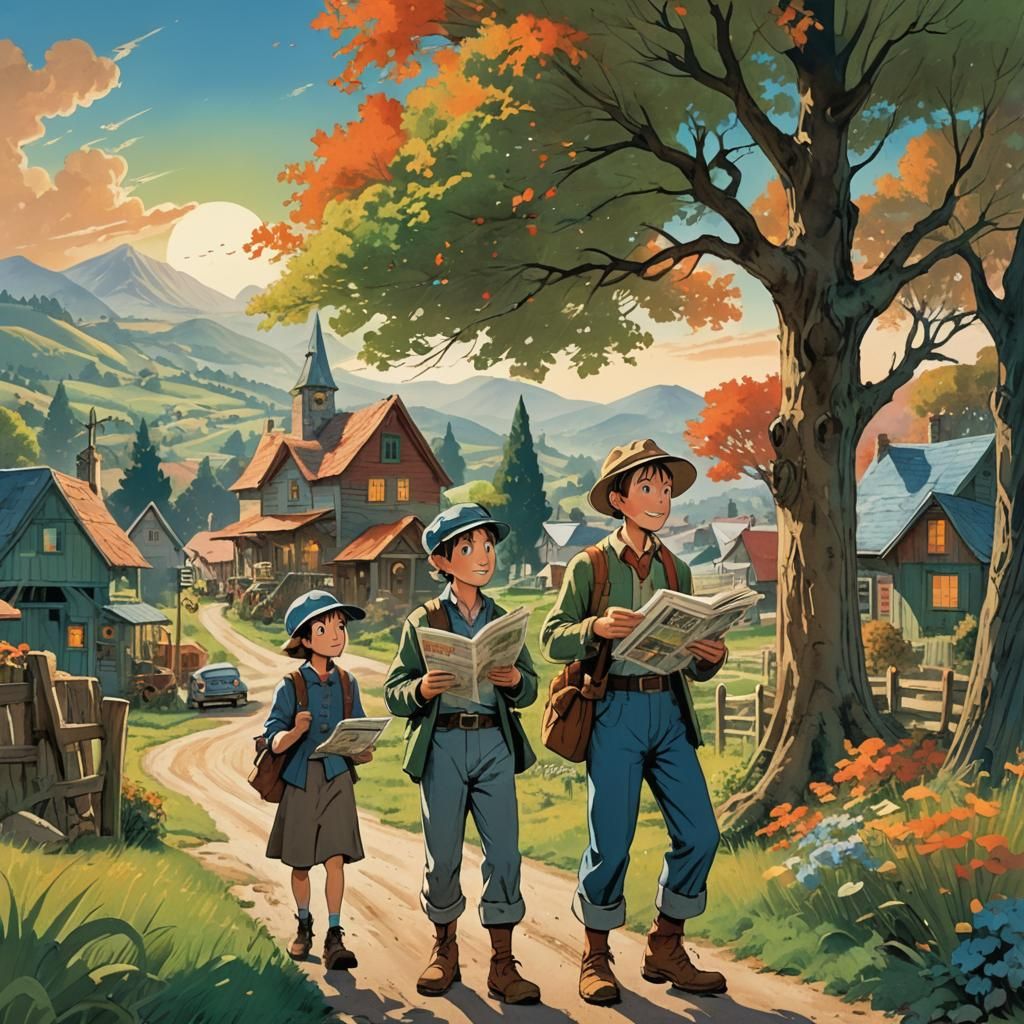 Fantasy Newsboy in Whimsical Farm Town Concept Art