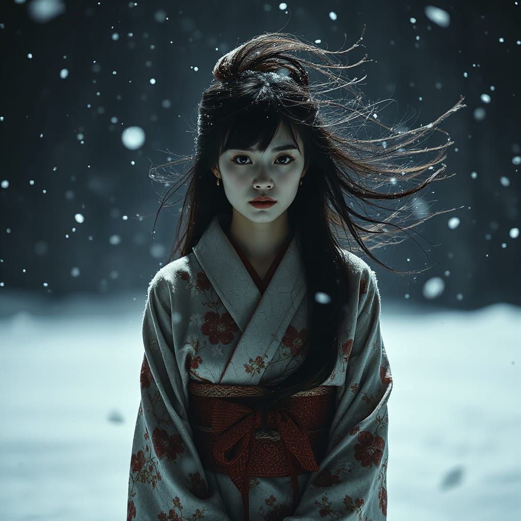 Serene Yuki Onna in Traditional Kimono, Frozen in Snowy Nigh...
