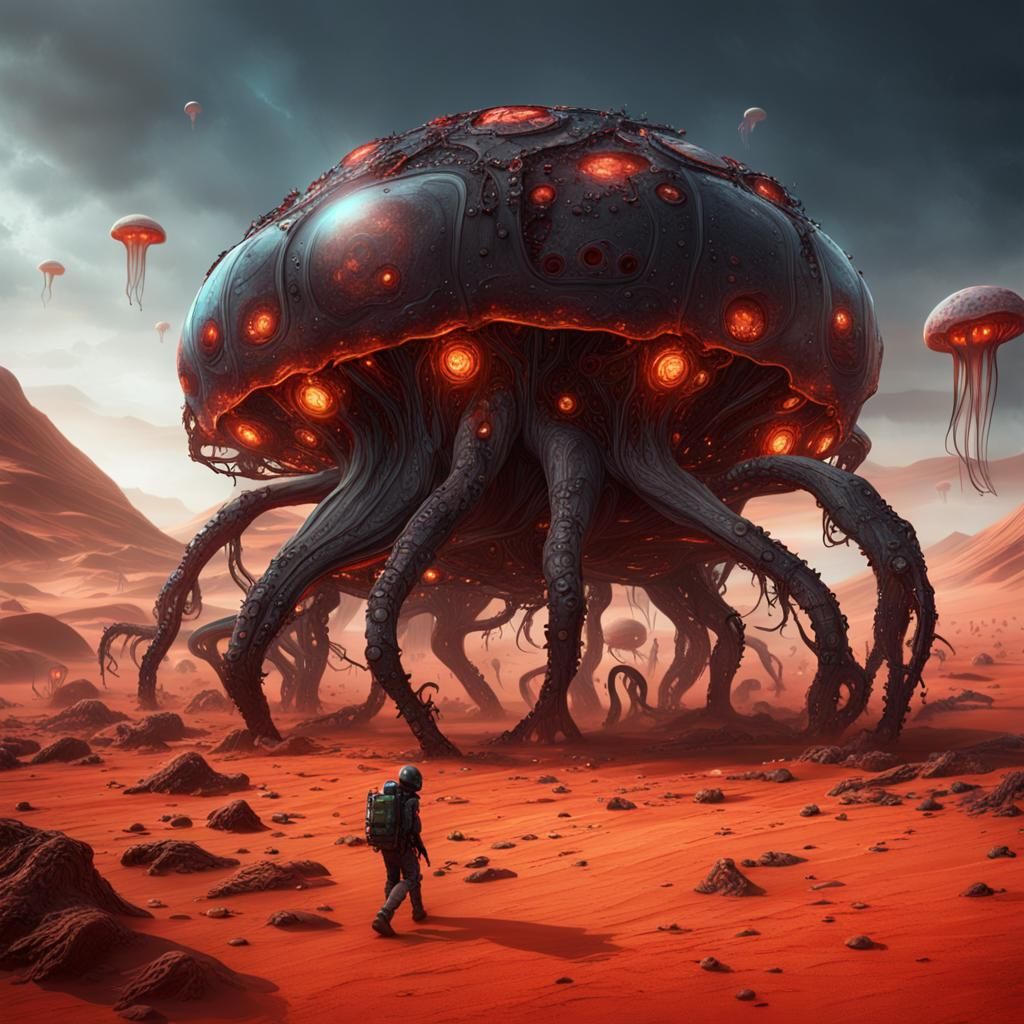 Octopuses and Jellyfish in Martian Desert: Digital Art