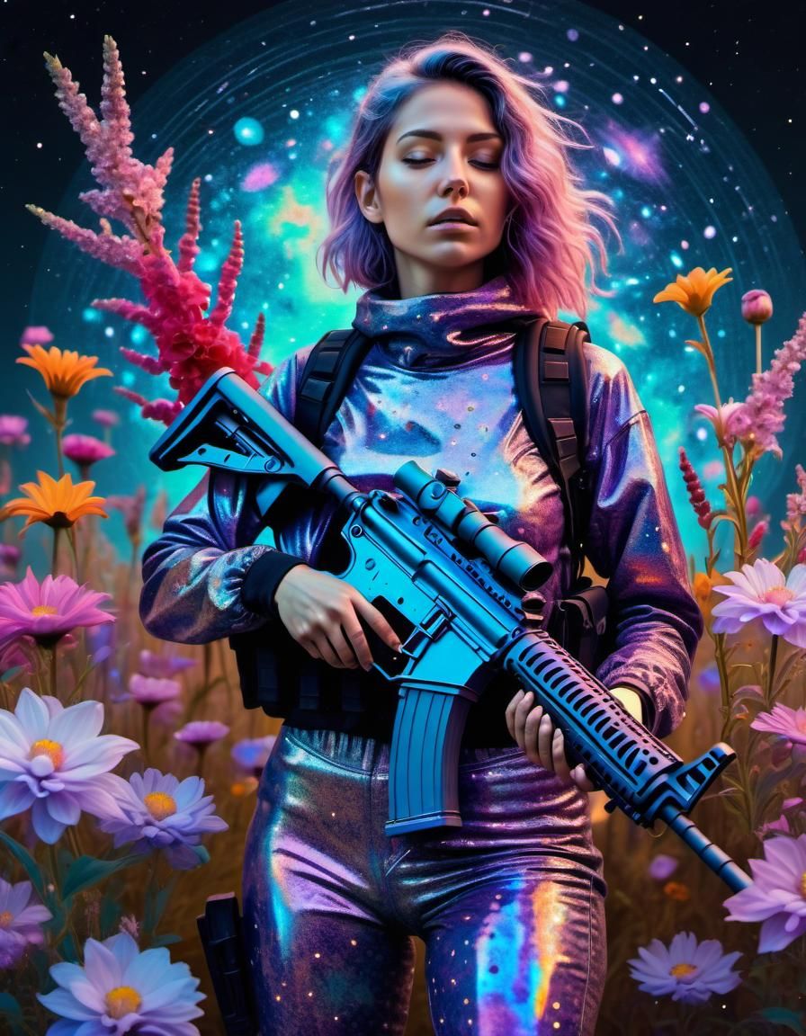 Woman with Floral Rifle: Astral Cosmic Illustration